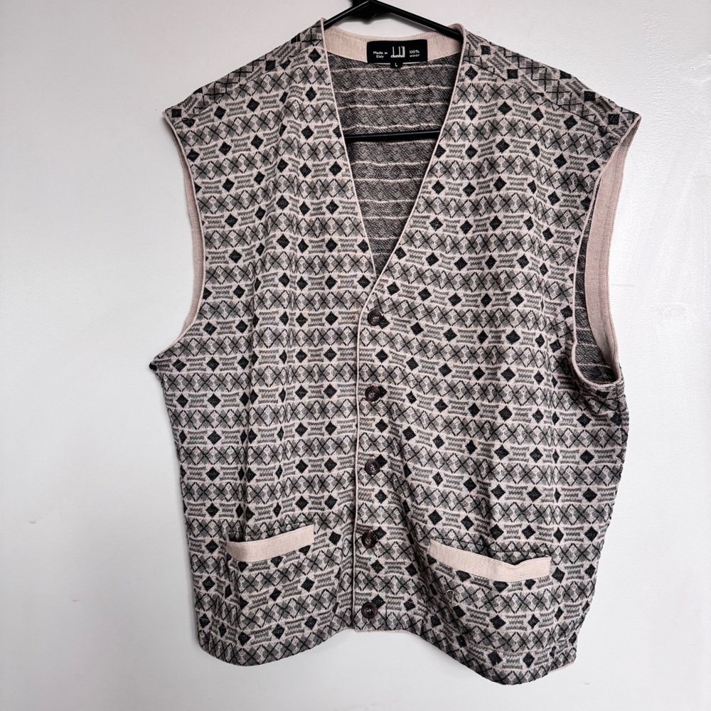 Dunhill Pattern Wool Vest in Tan Gray Large